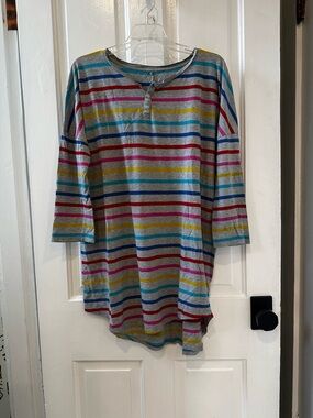 GAP Striped Henley Oversized Sleep Shurt in Gray with Blue, Teal & Red Stripes